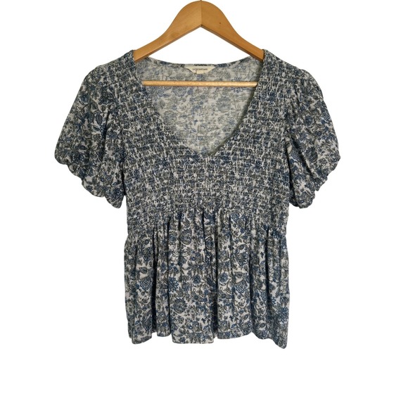 Lucky Brand Tops - Lucky Brand Blue Floral Smocked Peplum Blouse M Cotton Modal Linen 2025 Cottage